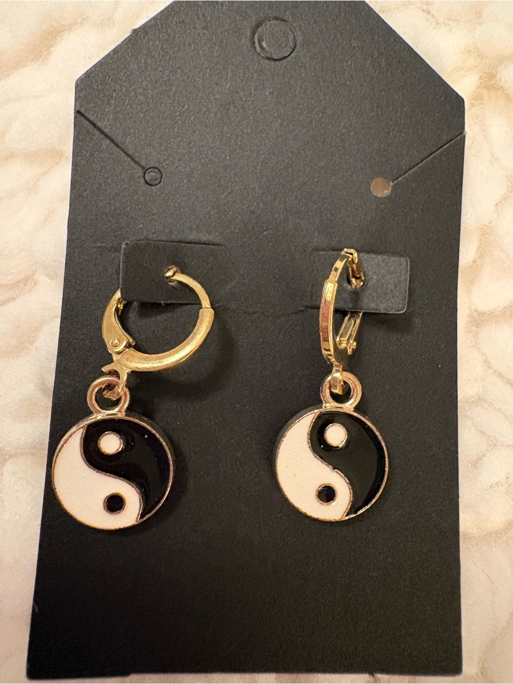 Gold Yin Yang Drop Hoop Earrings - Black & White
